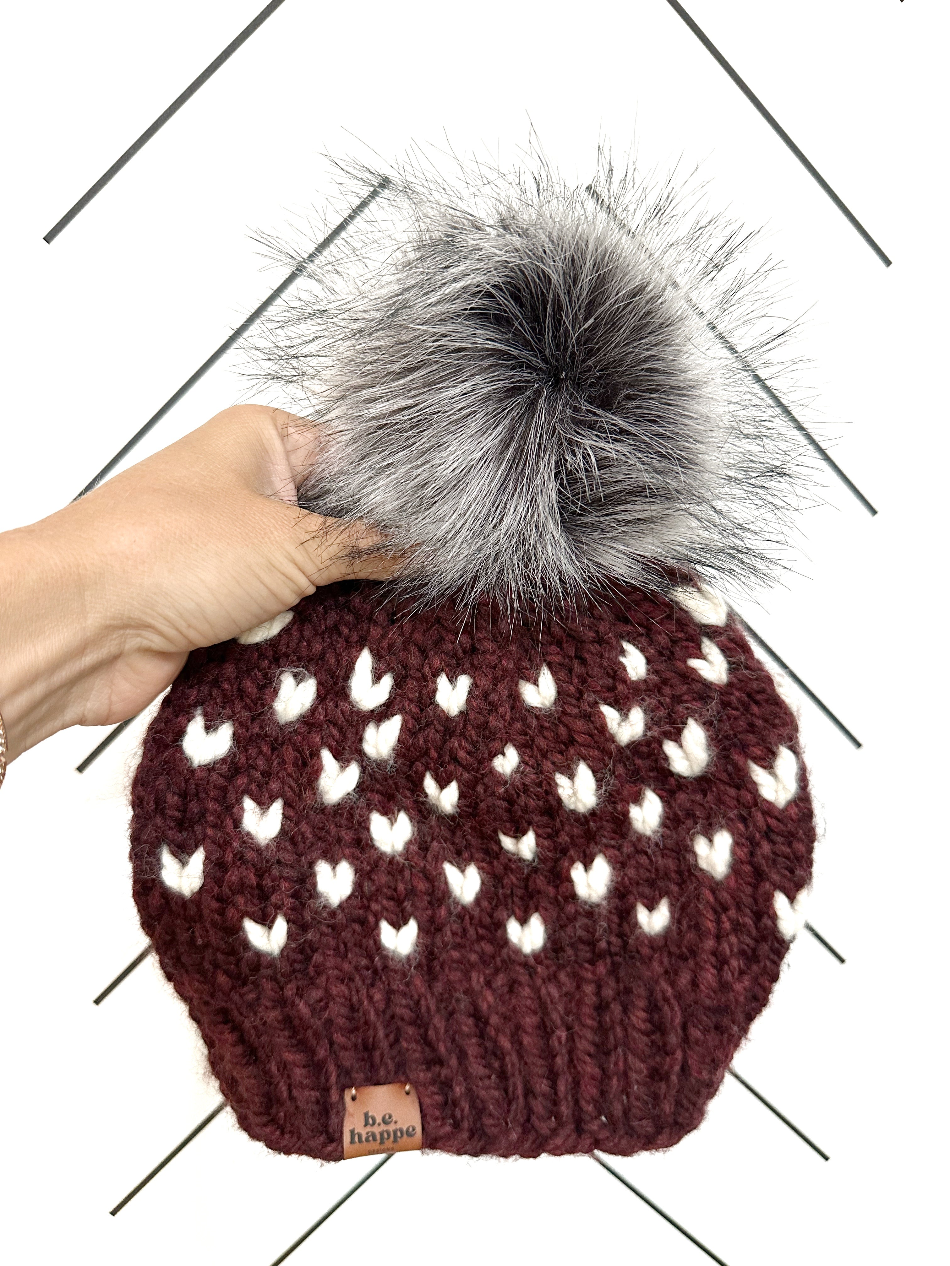 Adult Knit Heat Pom Hat | Maroon Heart Beanie -  from b.e.happe 
