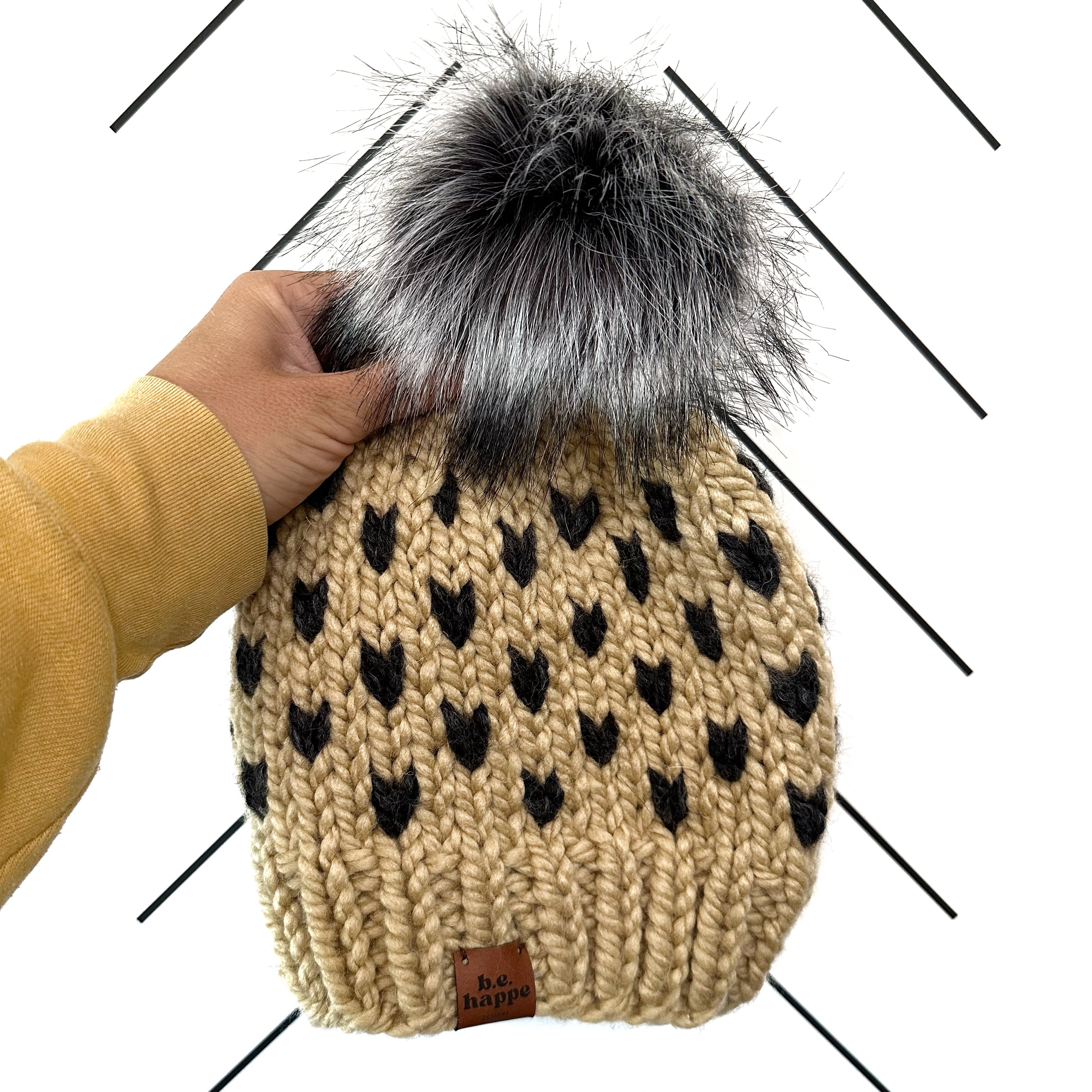 Adult Knit Pom Hat | Tan Heart Beanie -  from b.e.happe 