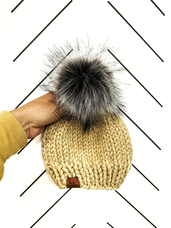3-6 Month Baby Pom Hat | Tan Knit Beanie