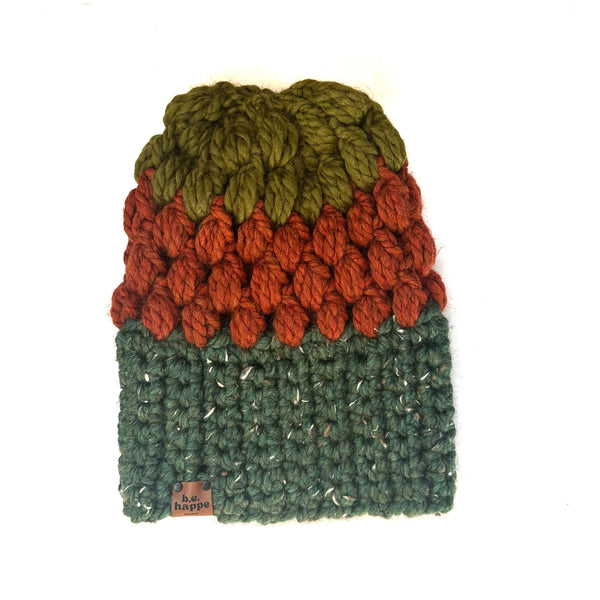 Crochet Puff Stitch Slouch Hat | Green + Spice Orange Slouchy Beanie - Adult from b.e.happe 