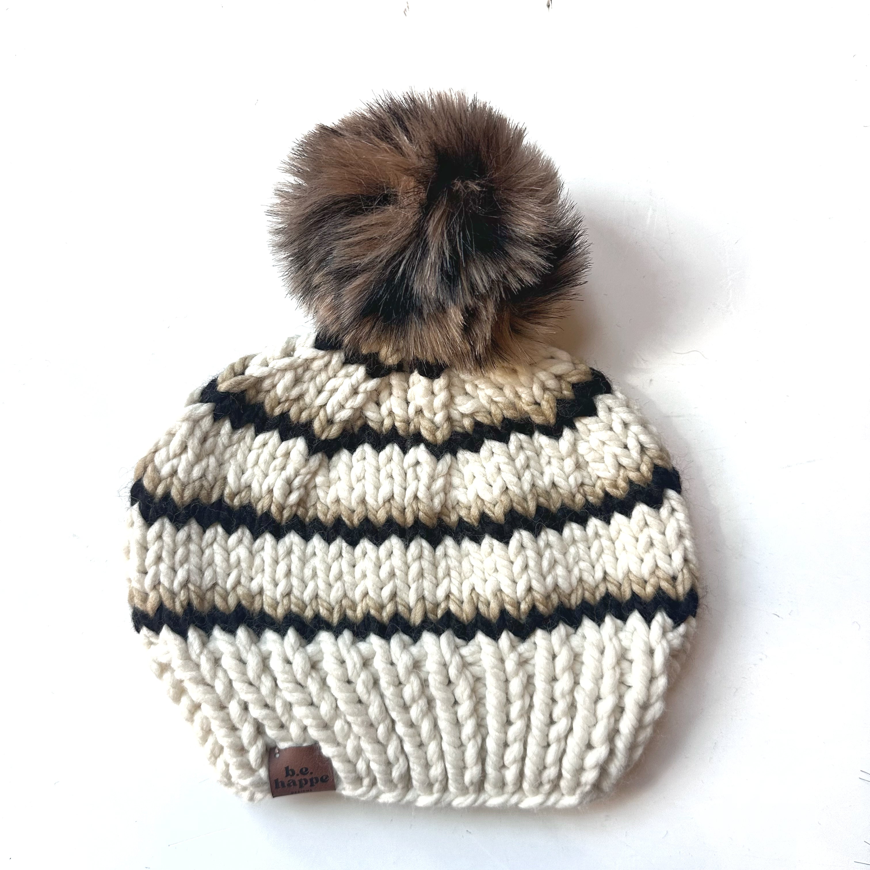 Adult Stripe Pom Hat | Off White + Brown+ Black