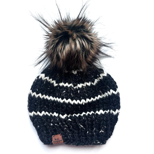 Adult Knit Pom Hat | Black + Off White Stripe Beanie