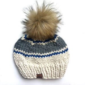 Gray and blue knit pom hat