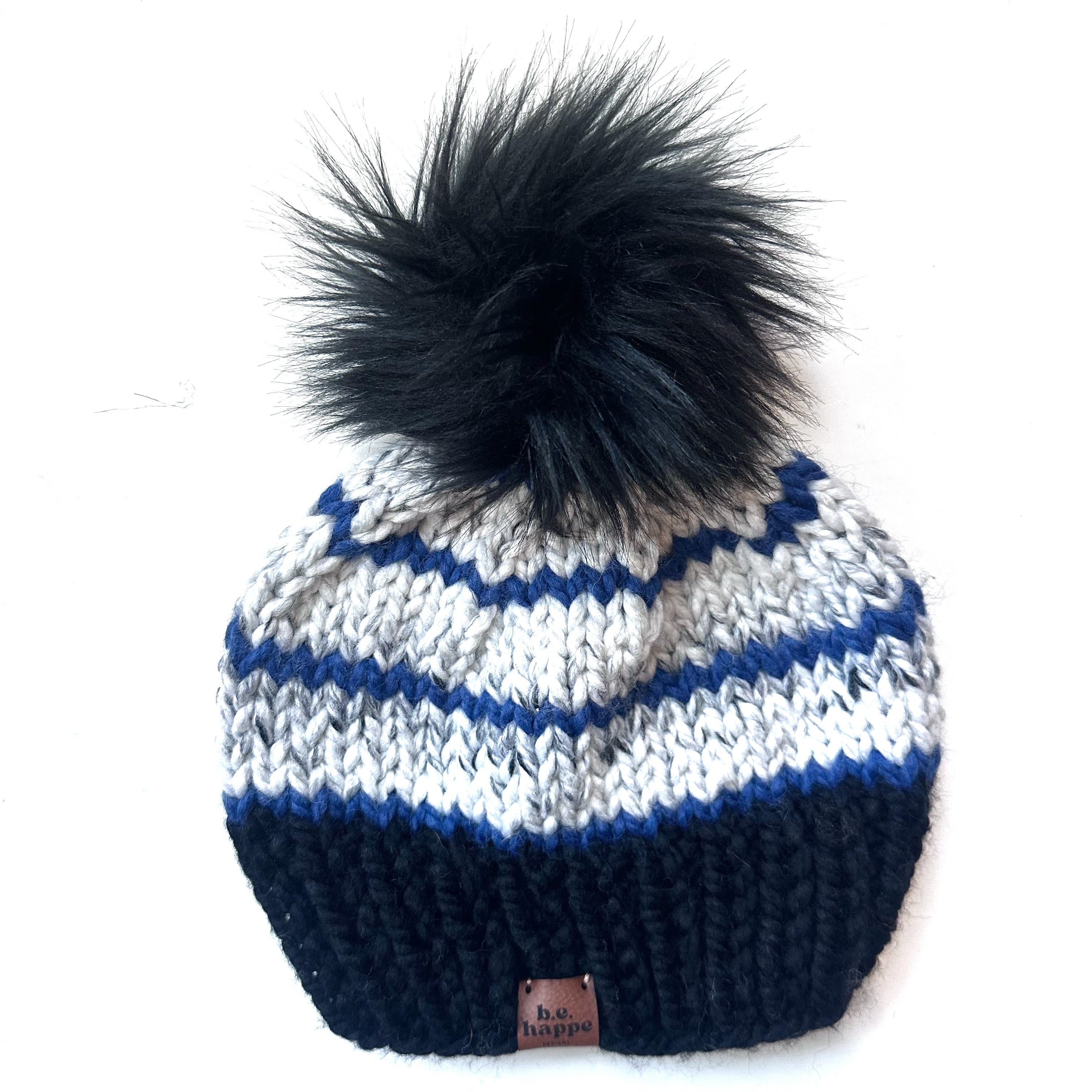 Adult Knit Pom Hat | Black, Marble & Blue Striped Beanie