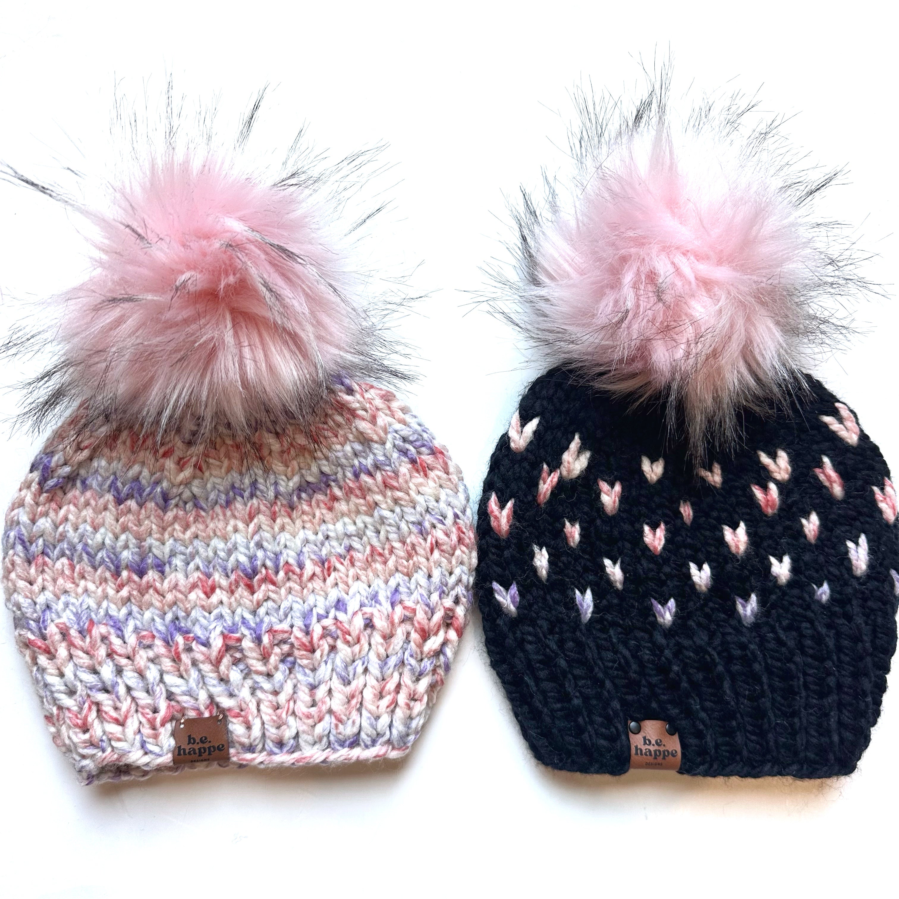 Knit Pom Hat | Black + Pink Heart Beanie b.e.happe 