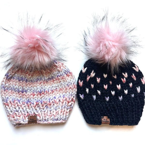 Knit Pom Hat | Black + Pink Heart Beanie b.e.happe 