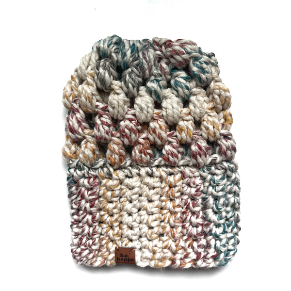 Rainbow crochet slouch hat with a puff stitch 