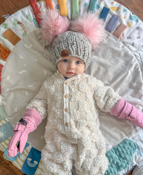 Toddler Double Pom Hat| Grey Beanie with 2 Poms - pink hats from b.e.happe 