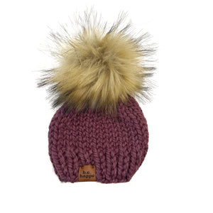 kids purple knit pom pom hat