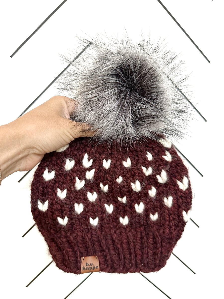 Adult Knit Heat Pom Hat | Maroon Heart Beanie - b.e.happe