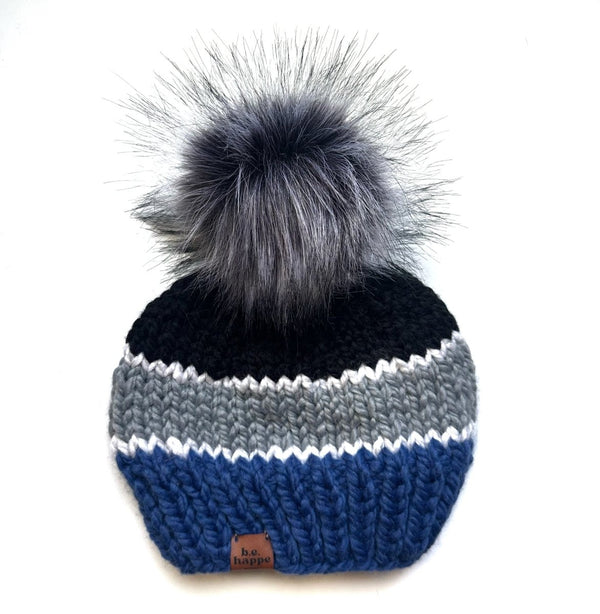 Adult Knit Pom Hat | Black and Blue Stripe Beanie - b.e.happe