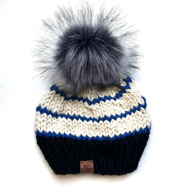 Adult Knit Pom Hat | Black and Blue Striped Beanie - b.e.happe