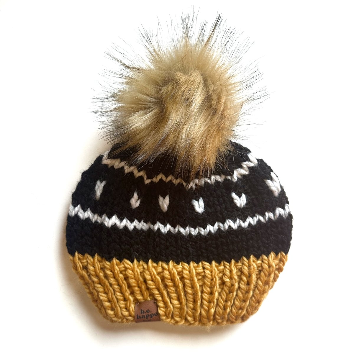 Adult Knit Pom Hat | Black Heart + Stripe Beanie - b.e.happe