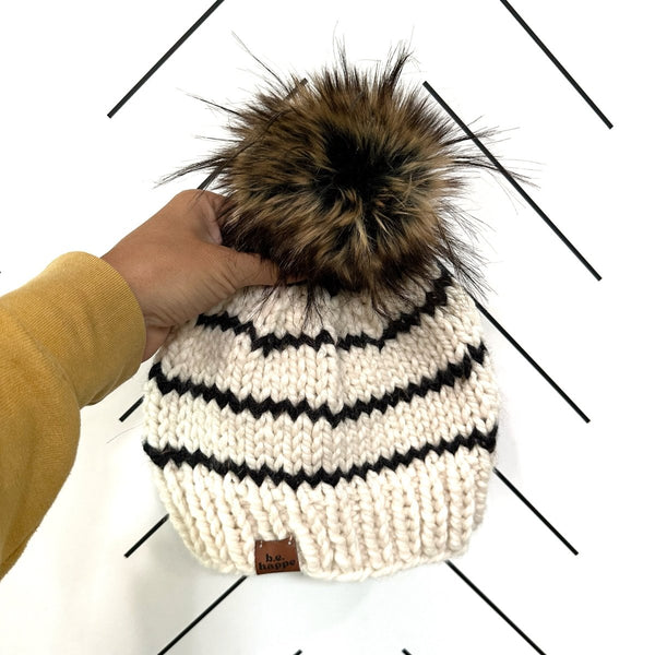 Adult Knit Pom Hat | Black + Off White Stripe Beanie - b.e.happe