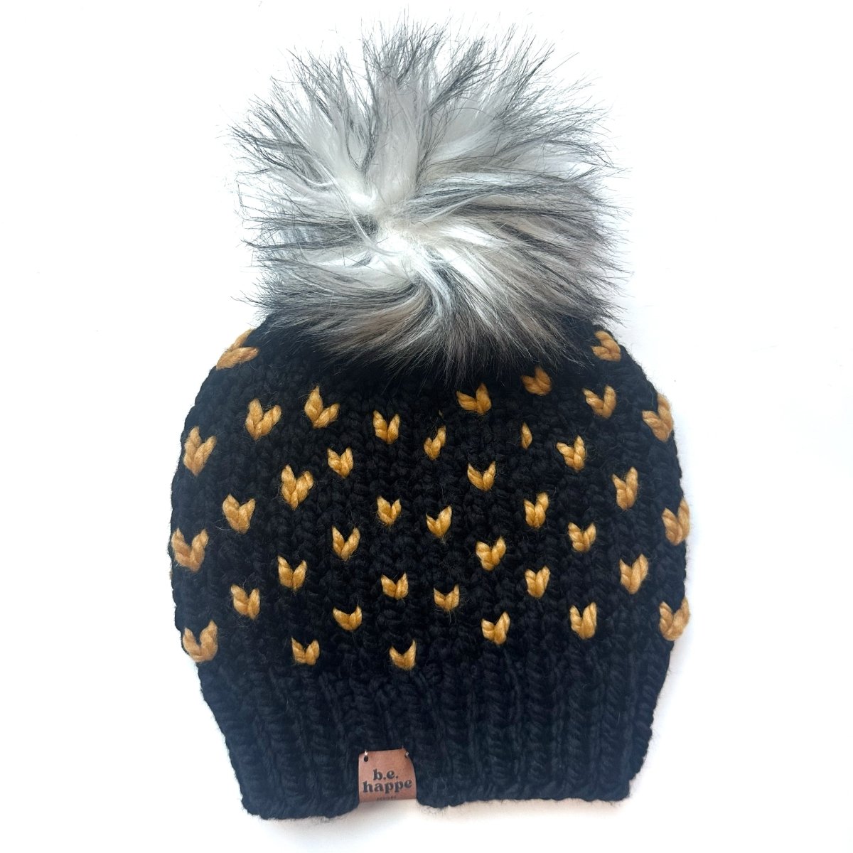 Adult Knit Pom Hat | Black with Yellow Heart Beanie - b.e.happe