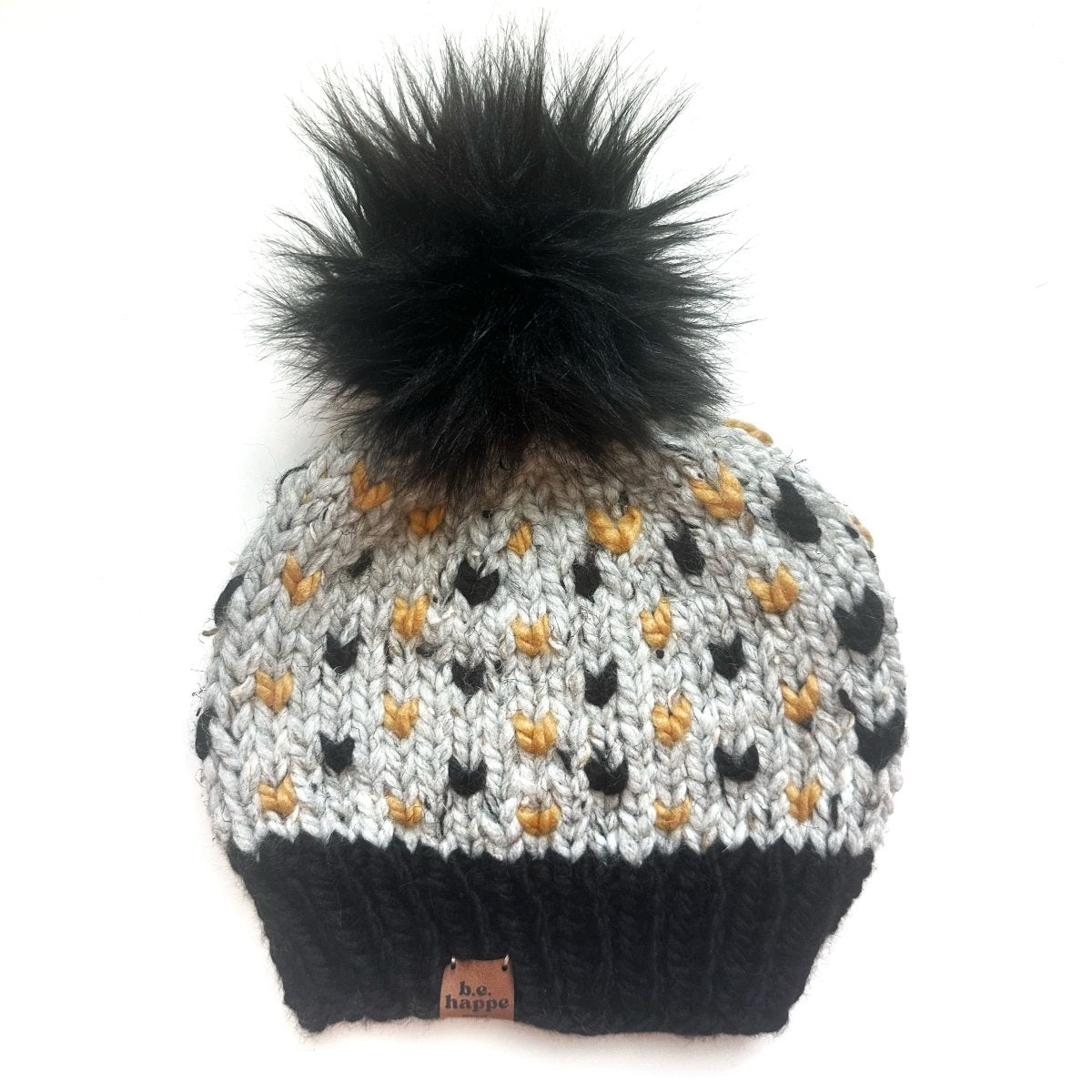 Adult Knit Pom Hat | Black + Yellow Heart Beanie - b.e.happe