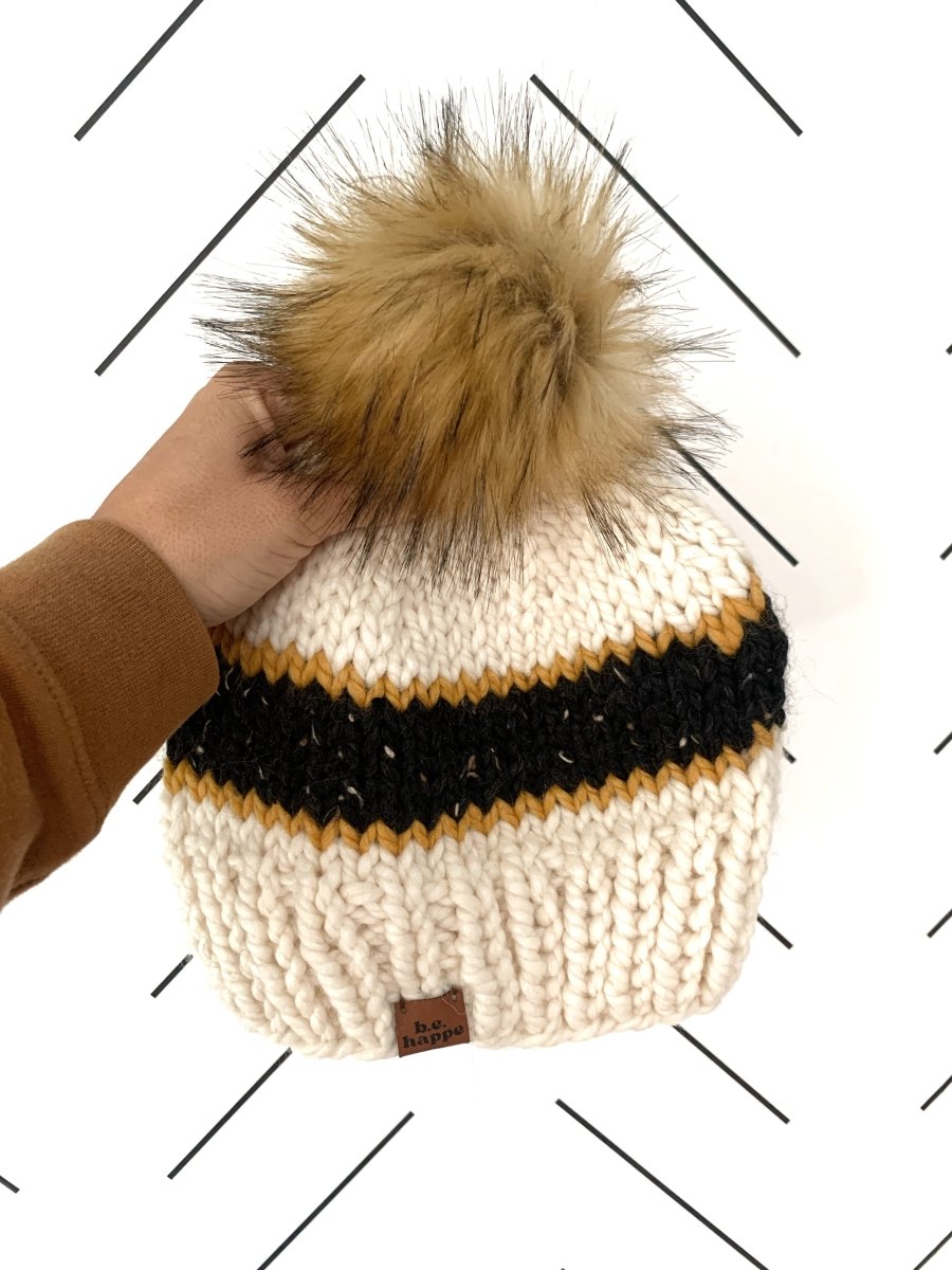 Adult Knit Pom Hat | Black + Yellow Stripe Beanie - b.e.happe