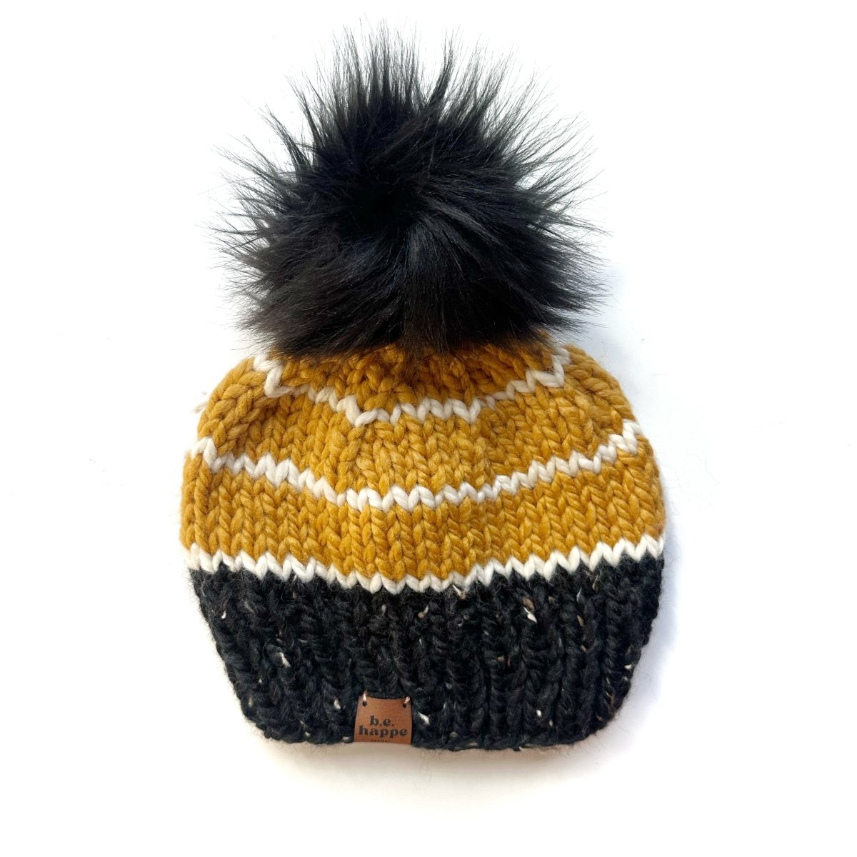 Adult Knit Pom Hat | Black + Yellow Stripe Beanie - b.e.happe