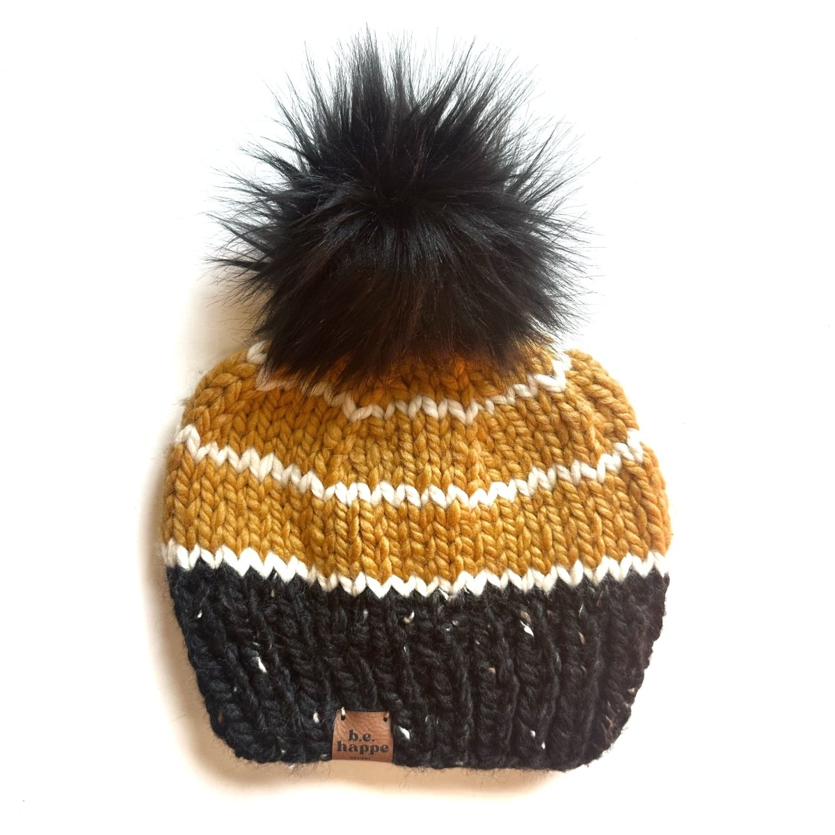 Adult Knit Pom Hat | Black + Yellow Stripe Beanie - b.e.happe
