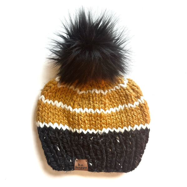 Adult Knit Pom Hat | Black + Yellow Stripe Beanie - b.e.happe