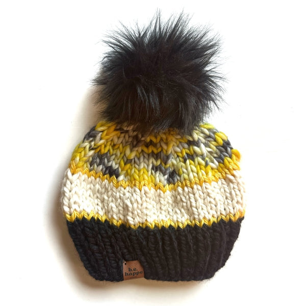 Adult Knit Pom Hat | Black + Yellow Stripe Beanie - b.e.happe
