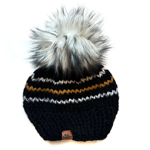 Adult Knit Pom Hat | Black + Yellow Striped Beanie - b.e.happe