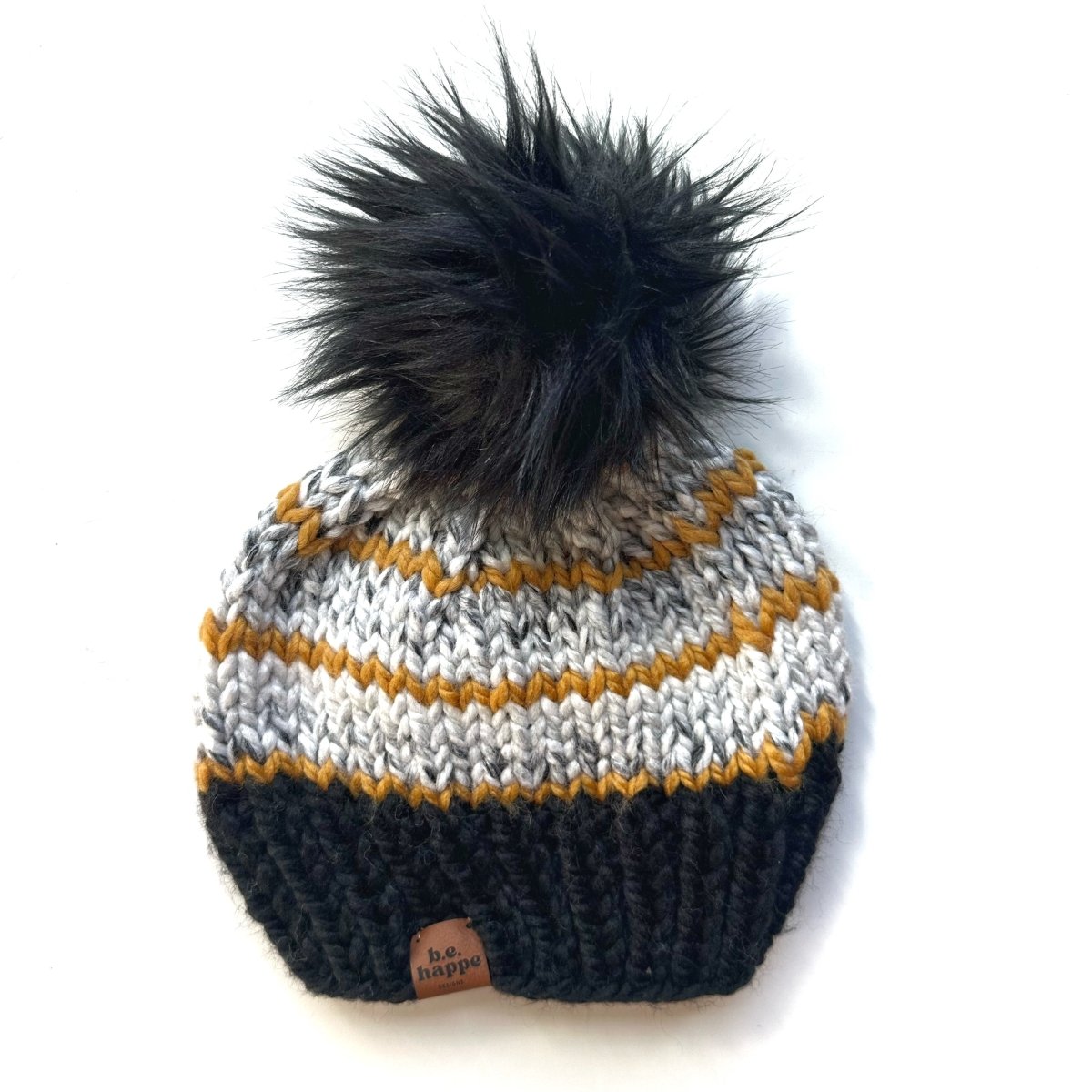 Adult Knit Pom Hat | Black + Yellow Winter Beanie - b.e.happe