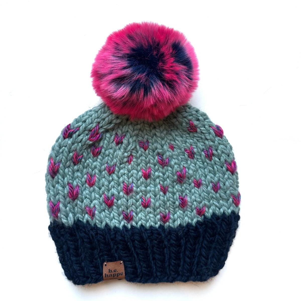 Adult Knit Pom Hat | Blue + Pink Heart Beanie - b.e.happe