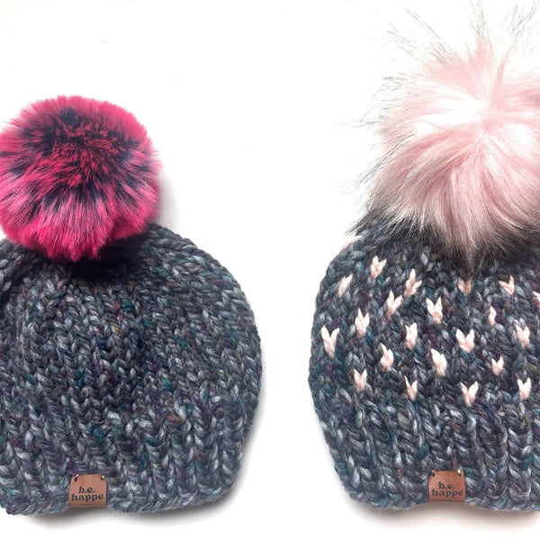 Adult Knit Pom Hat | Blue + Purple Pom Beanie - b.e.happe