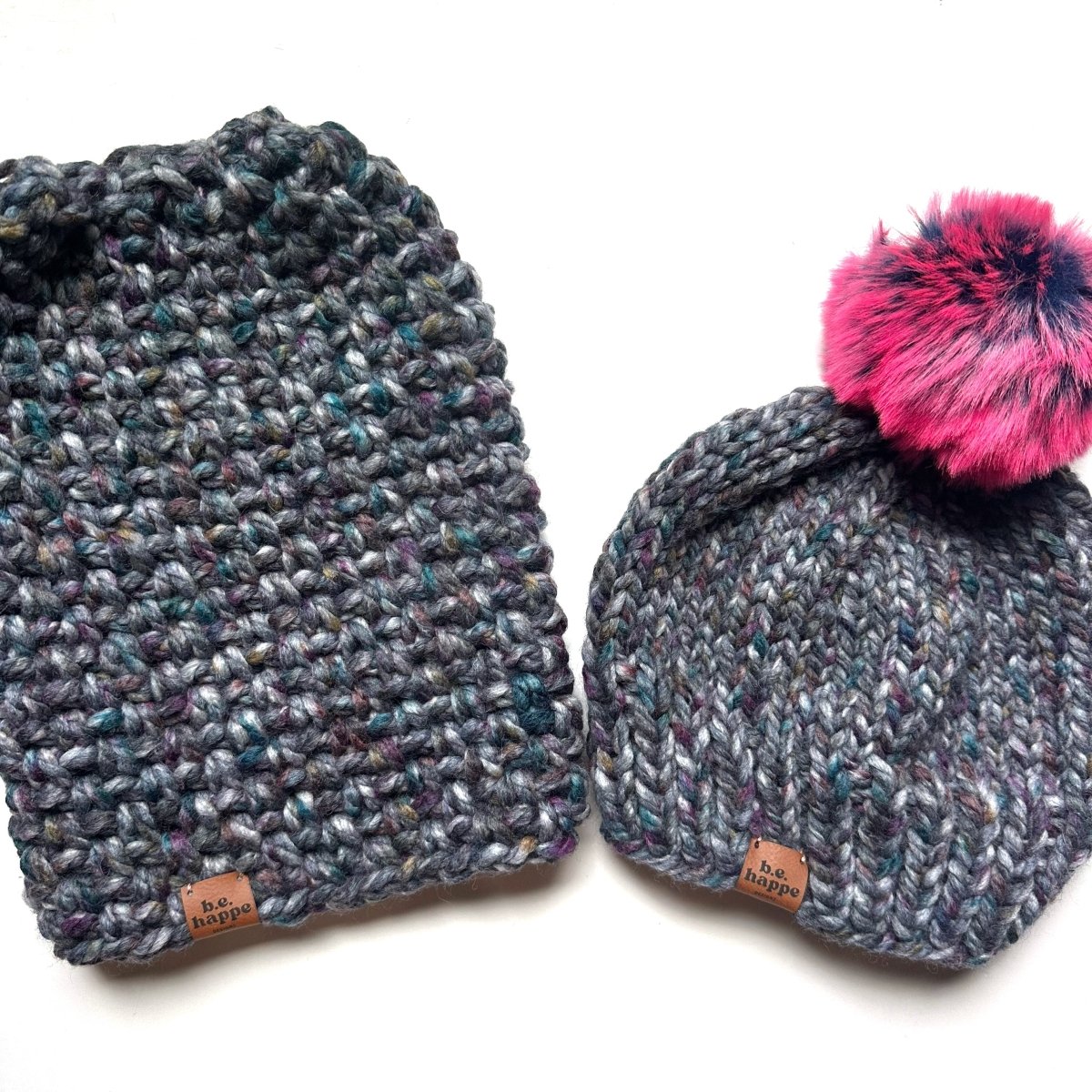 Adult Knit Pom Hat | Blue + Purple Pom Beanie - b.e.happe