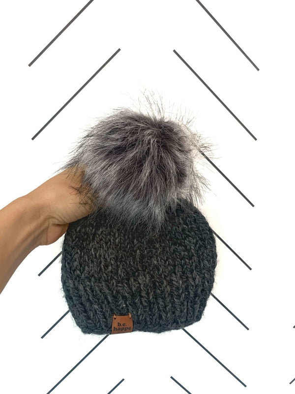 Adult Knit Pom Hat | Charcoal Gray Beanie - b.e.happe