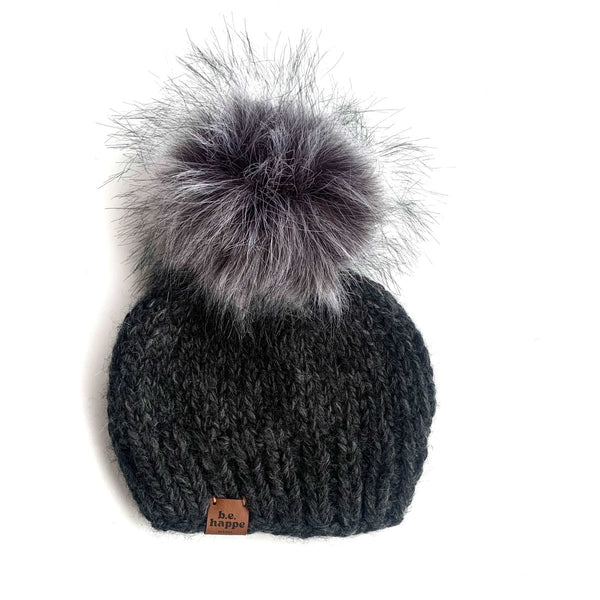 Adult Knit Pom Hat | Charcoal Gray Beanie - b.e.happe