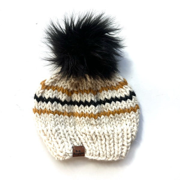 Adult Knit Pom Hat | Cream, Black + Yellow Beanie - b.e.happe