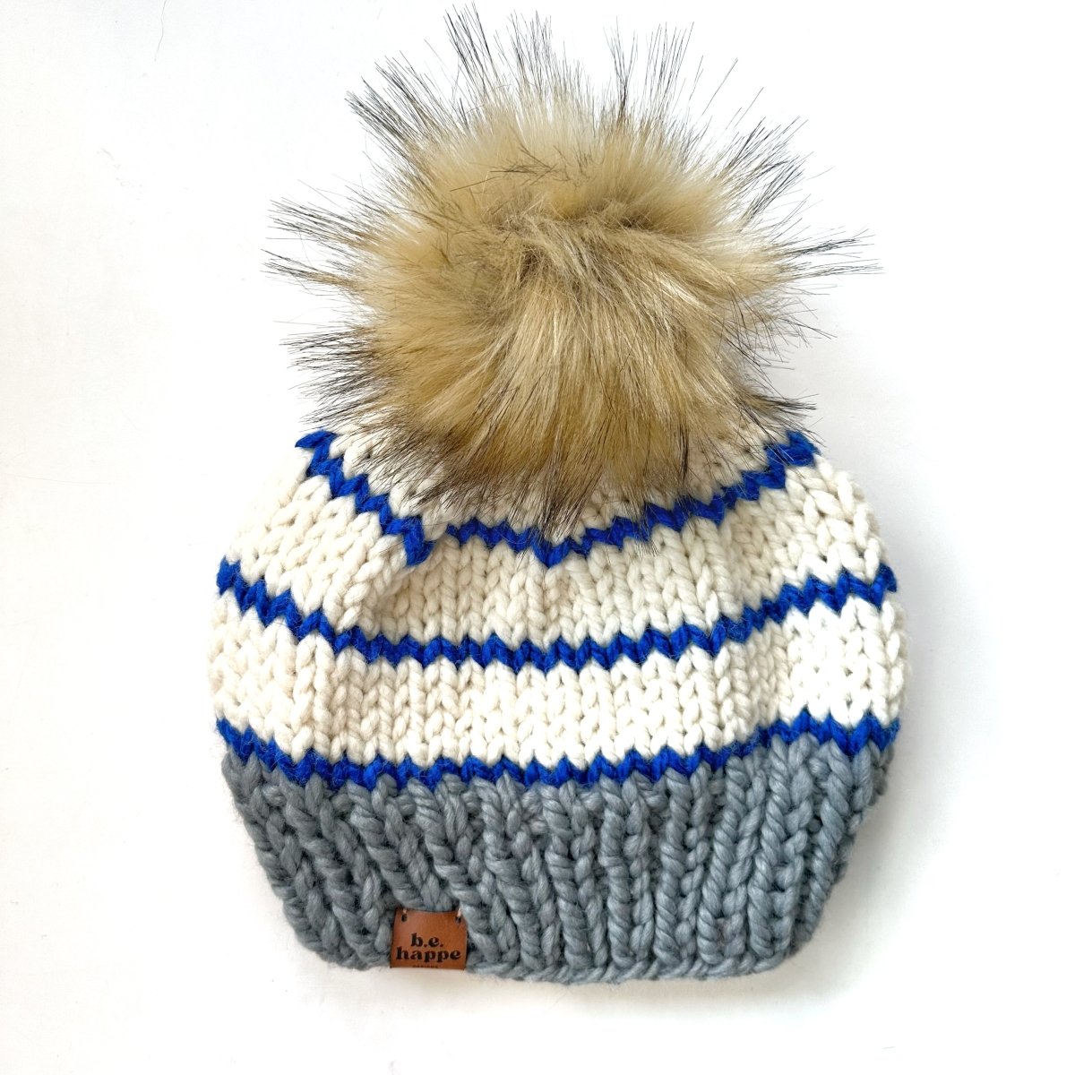Adult Knit Pom Hat | Gray and Blue Stripe Beanie - b.e.happe