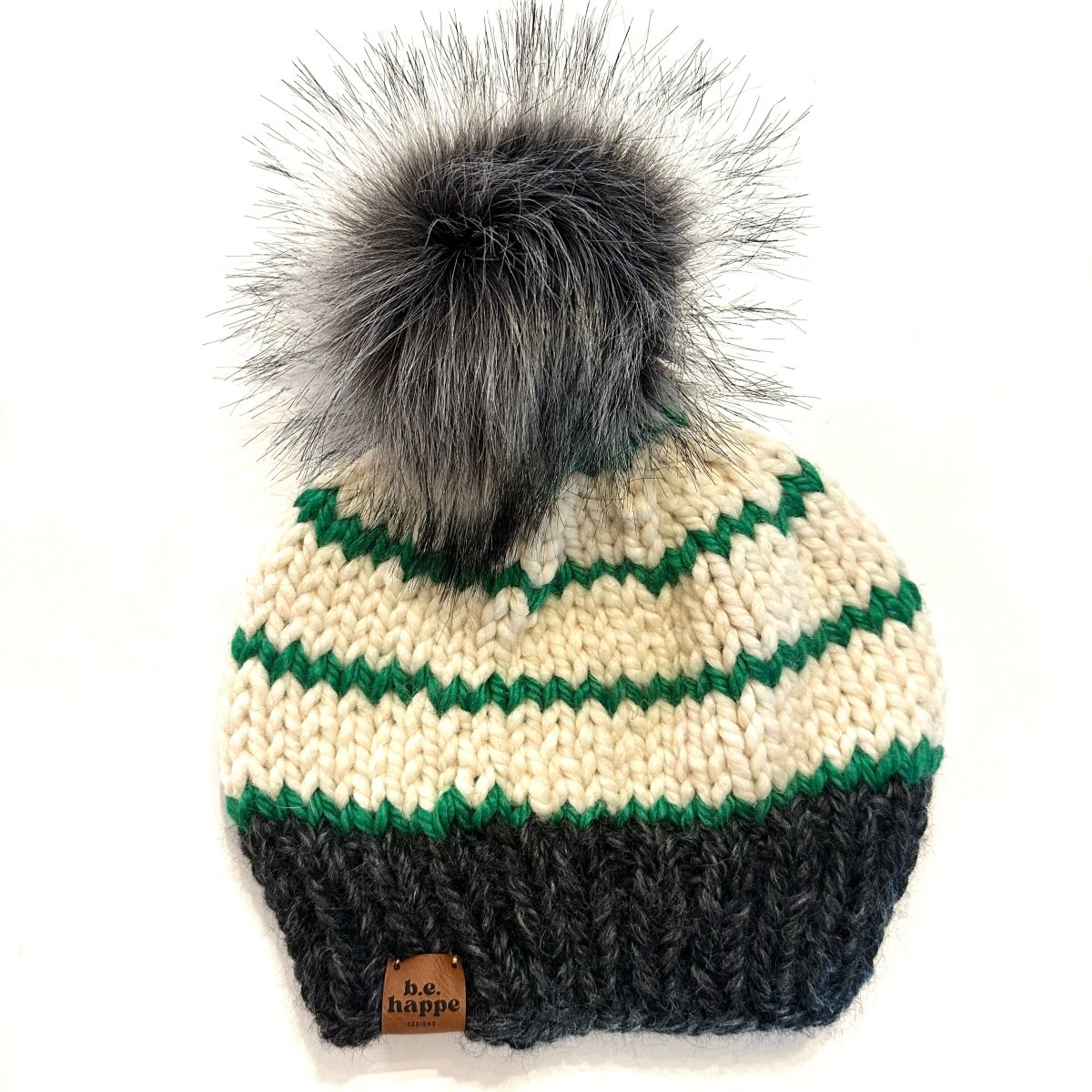 Adult Knit Pom Hat | Gray + Green Stripe Beanie - b.e.happe
