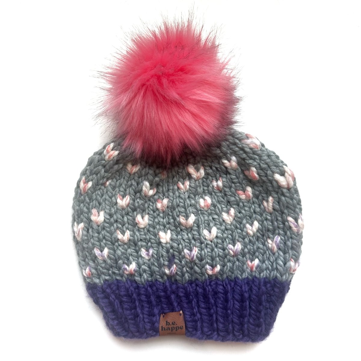 Adult Knit Pom Hat | Gray + Pink Beanie - b.e.happe