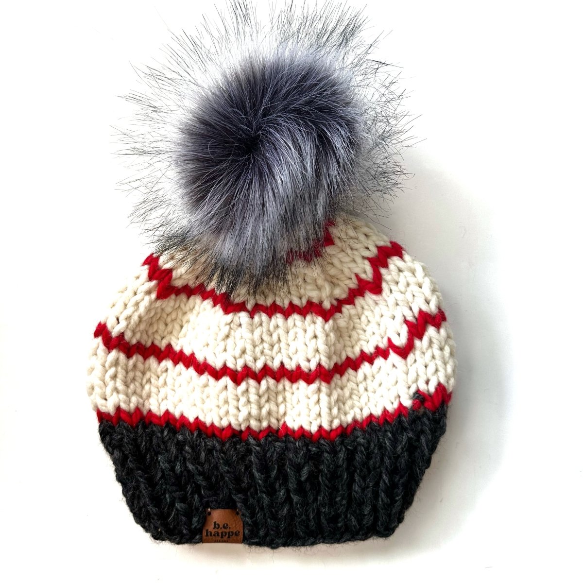 Adult Knit Pom Hat | Gray + Red Stripe Beanie - b.e.happe