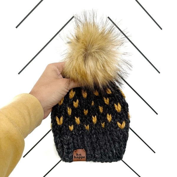 Adult Knit Pom Hat | Gray + Yellow Heart Beanie - b.e.happe