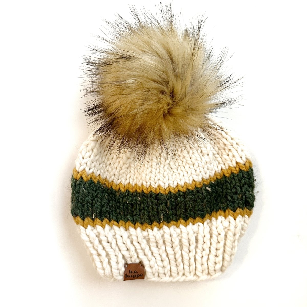 Adult Knit Pom Hat | Green + Mustard Beanie - b.e.happe