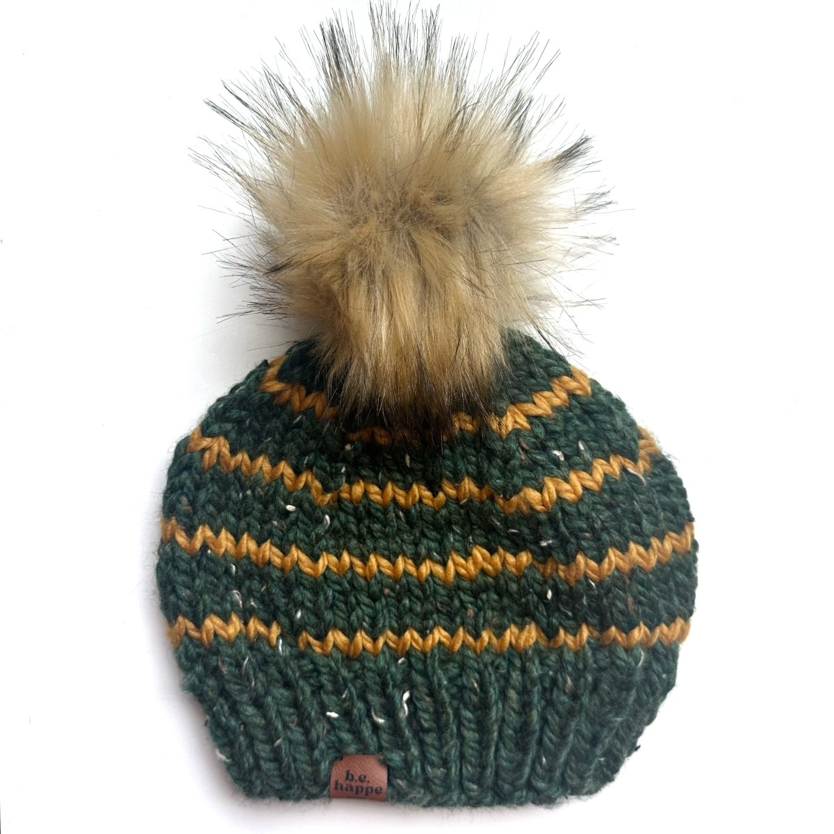 Adult Knit Pom Hat | Green + Mustard Yellow Beanie - b.e.happe