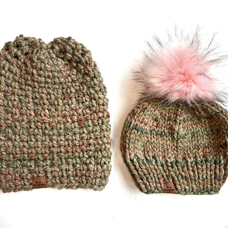 Adult Knit Pom Hat | Green Variegated Beanie - b.e.happe