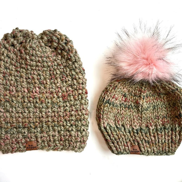 Adult Knit Pom Hat | Green Variegated Beanie - b.e.happe