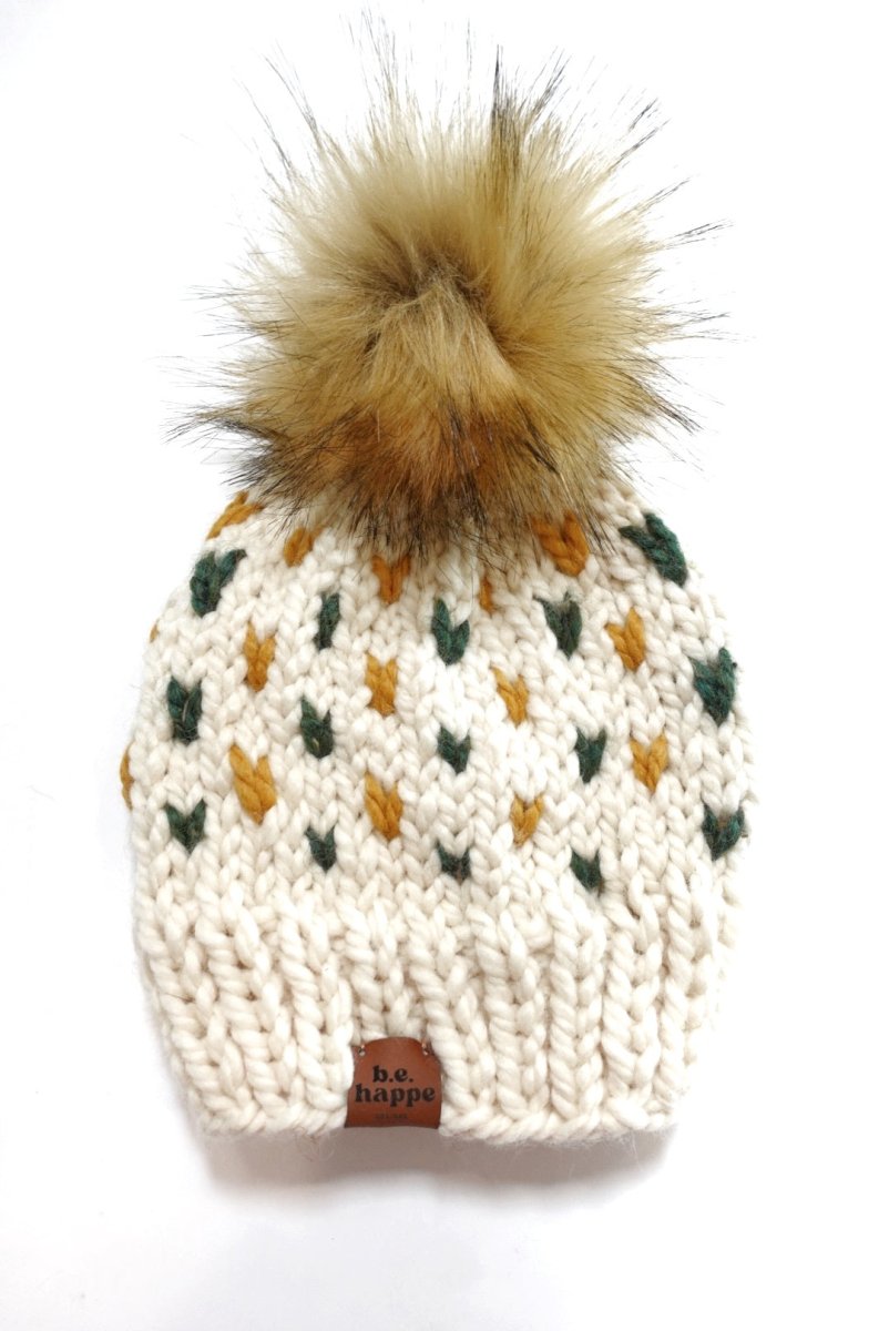 Adult Knit Pom Hat | Green + Yellow Heart Beanie - b.e.happe