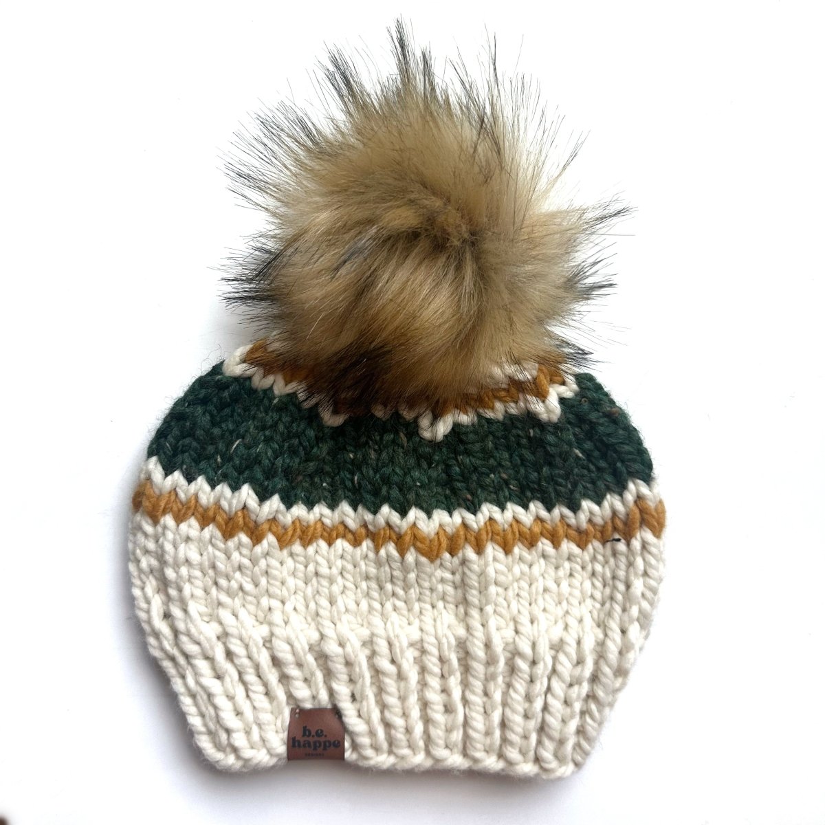 Adult Knit Pom Hat | Green + Yellow Stripe Beanie - b.e.happe