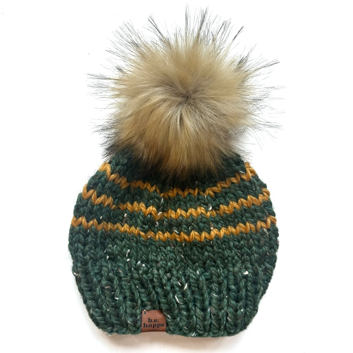 Adult Knit Pom Hat | Green + Yellow Stripe Beanie - b.e.happe