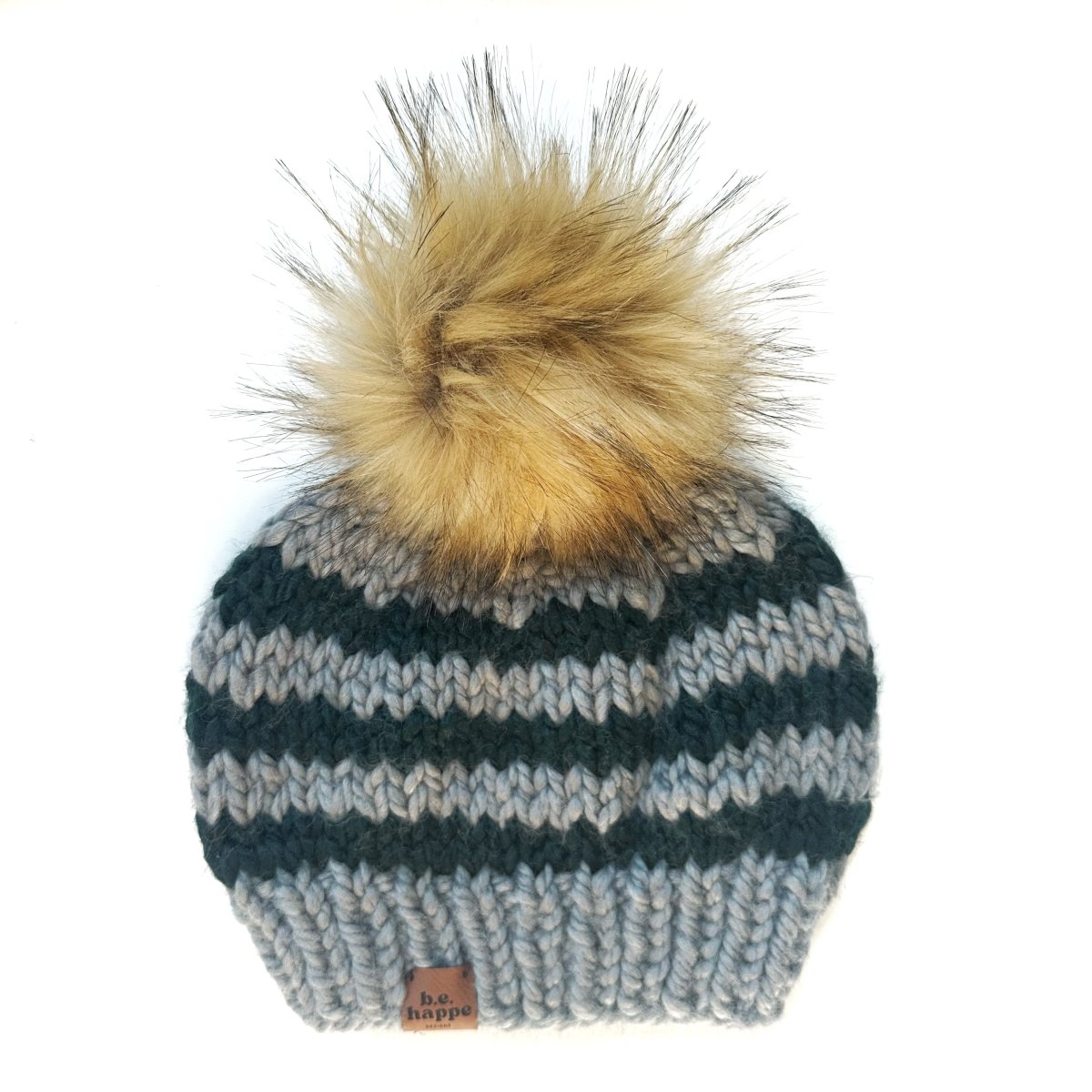 Adult Knit Pom Hat | Grey + Green Stripe Beanie - b.e.happe