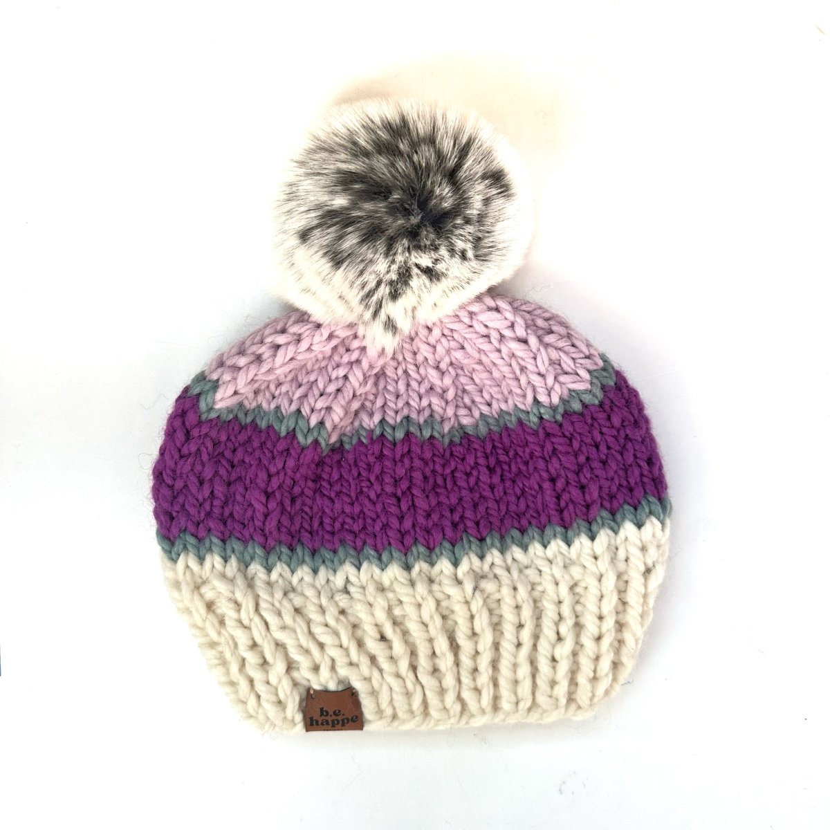 Adult Knit Pom Hat | Grey + Purple Stripe Hat - b.e.happe