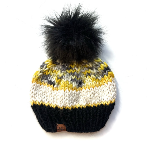 Adult Knit Pom Hat | Hand - dyed Black + Yellow Beanie - b.e.happe