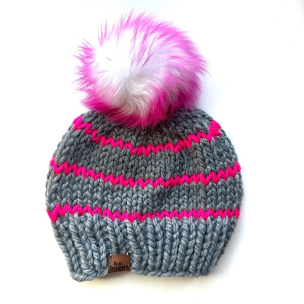 Adult Knit Pom Hat | Hot Pink Stripe Beanie - b.e.happe