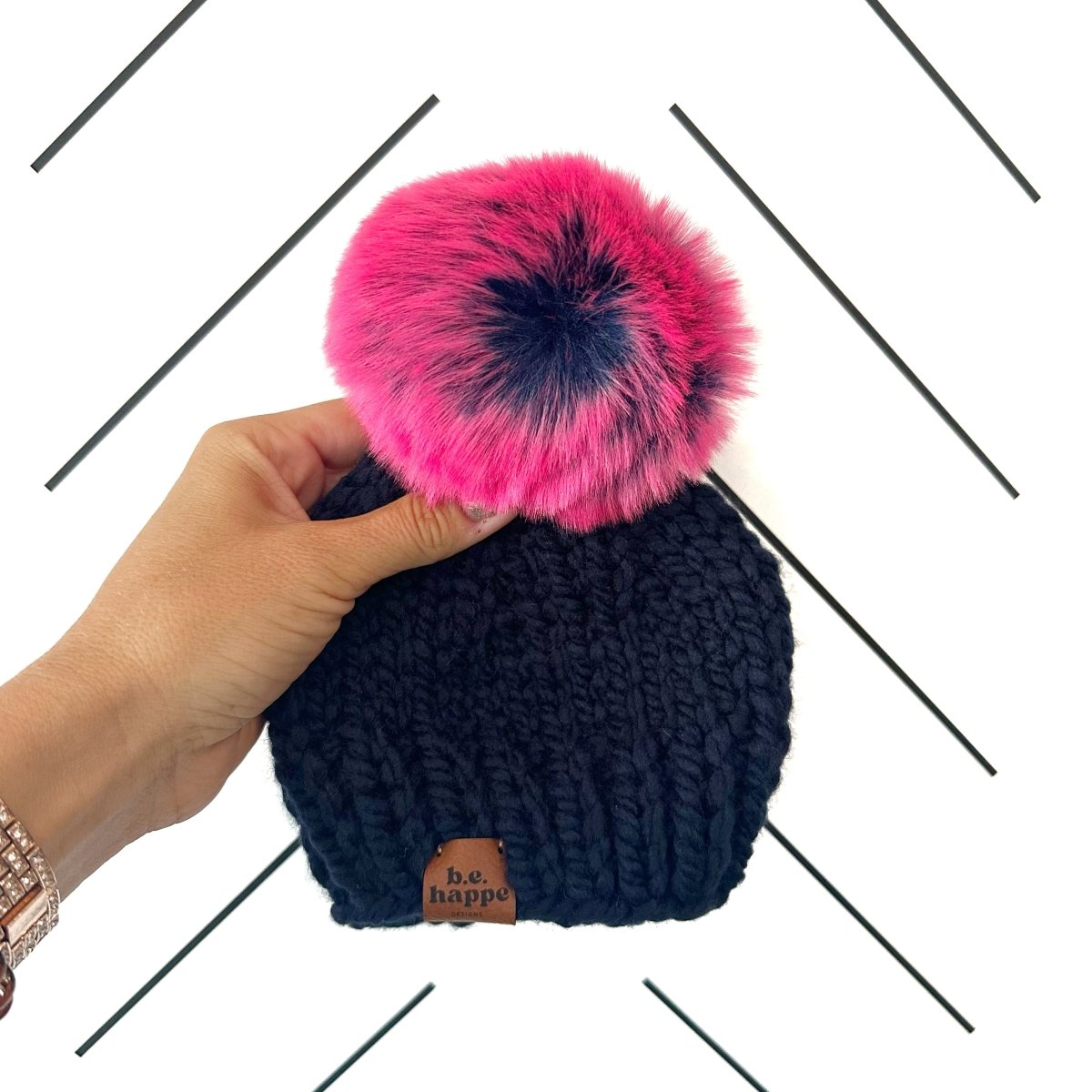 Adult Knit Pom Hat | Navy Blue Pink Pom beanie - b.e.happe